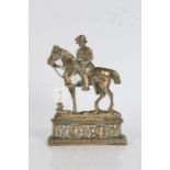 Victorian brass novelty pocket watch stand, modelled as Lord Roberts on horseback, titled to frieze,