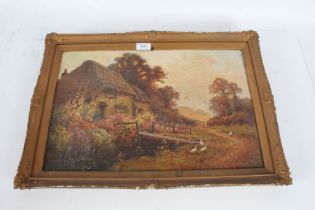 G Nicholson, English School, study of a thatched cottage, signed oil on board, housed in a gilt