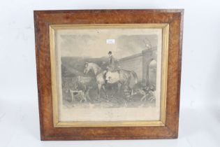After R.B. Davis, engraving of a huntsman on horseback (AF), housed in a birds eye maple glazed