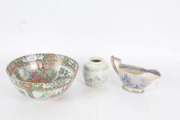 20th century Chinese Canton bowl, with polychrome painted figures, birds and flowers, stamped '
