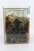 19th century stained glass panel, centred with a figure in 17th century costume (AF), 31.5cm wide,