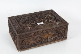19th century carved hardwood Chinese box, the hinged lid carved in relief with dragons and