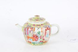 Japanese porcelain teapot, polychrome painted figures within an interior scene on a yellow and