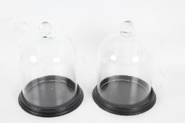 Two 20th century glass domes, with black plastic bases, 25cm tall approx., (2)