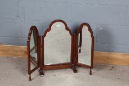 Mahogany triptych folding dressing table mirror, with arched frame, 60cm tall