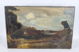 British School, naive study of two pheasants, unsigned oil on canvas, unframed, 76cm wide, 50.5cm
