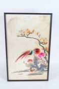 Japanese silk needlework picture depicting pheasant amongst blossoming branches, housed in a