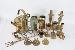 Quantity of various brass ware, to include watering can, shell cases, goblets, candlesticks,