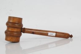Large 19th Century treen gavel, with turned head and handle, 34cm long