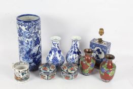 Collection of mostly Chinese ceramics, to include a cylindrical vase, table lamp, pair of pots and