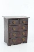 Victorian apprentice piece mahogany chest of drawers, with two short and three long draws with brass