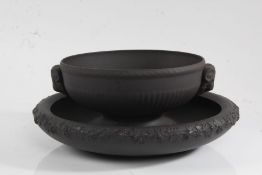Wedgwood black basalt shallow bowl with fruiting vine decorated border, 25cm diameter, Wedgwood