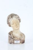 20th century plaster bust, in the form of a lady with tied back hair, unmarked, 20cm high