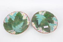 Pair of Victorian majolica plates, each with green leaves and white flower heads, 21cm diameter (2)