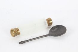 Victorian opaque milk glass double ended scent bottle, with brass hinged ends, 13cm long, together