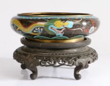 Chinese cloisonné bowl, with an internal dragon and two further dragons to the sides, raised on a