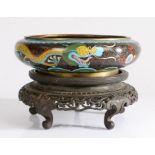 Chinese cloisonné bowl, with an internal dragon and two further dragons to the sides, raised on a