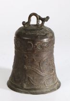 Chinese bronze bell, cast with a beast above a scrolling body and interlinked beasts, 19cm high