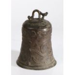 Chinese bronze bell, cast with a beast above a scrolling body and interlinked beasts, 19cm high