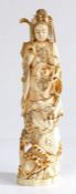 Japanese marine ivory okimono, Meiji period, the standing geisha holding a lots flower, the base