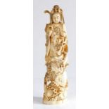 Japanese marine ivory okimono, Meiji period, the standing geisha holding a lots flower, the base