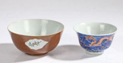 Chinese porcelain bowl, 19th Century, with a Ming style red dragon and blue sky, six character