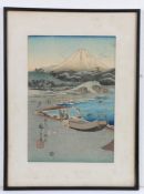 After Hiroshige (1797-1858) Figural view of Fujiyama, woodblock print, seal stamp marks, 34.5cm x