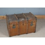 Early 20th century French wooden bound travelling trunk, 80cm wide