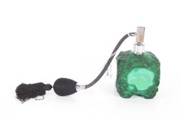 Malachite glass perfume atomiser, of square form with rose heads, 8cm square