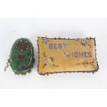 Two bead embroidered pin cushions, one reading "Best Wishes" the other "Angela", (2)