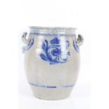 Large German stoneware pot, with blue floral design on grey ground, handle either side, 40cm tall