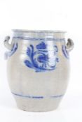 Large German stoneware pot, with blue floral design on grey ground, handle either side, 40cm tall