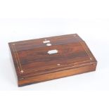 Victorian rosewood and brass bound writing box, with mother of pearl inlay, the sloping hinged