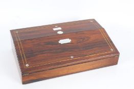 Victorian rosewood and brass bound writing box, with mother of pearl inlay, the sloping hinged