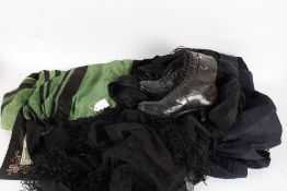 Collection of clothing, to include a pair of ladies black leather boots with nailed soles, Victorian
