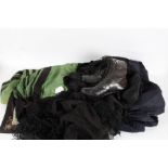 Collection of clothing, to include a pair of ladies black leather boots with nailed soles, Victorian