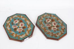 Pair of Victorian beadwork panels, each of flowers within a border on turquoise ground, with