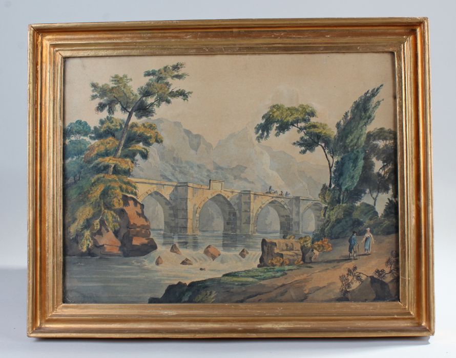 British School, early 19th Century, figures by a bridge, unsigned watercolour, 40cm x 29cm - Image 2 of 2