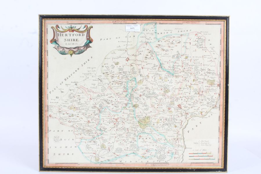 Robert Morden, hand coloured map of Hertfordshire, housed in an ebonised and gilt glazed frame, 44.