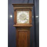 20th Century mahogany longcase clock, the silvered chapter ring with Roman numerals and makers