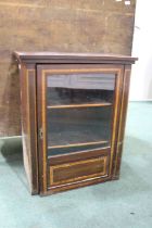 Edwardian mahogany and inlaid side cabinet, the singe glazed door enclosing two shelves (reduced),