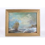 20th century English School, study of ships in stormy seas, unsigned oil on canvas, housed in a gilt
