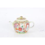 Japanese porcelain teapot, polychrome painted figures within an interior scene on a yellow and