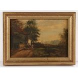 19th Century primitive school oil painting, a wagon and two figures by a building, unsigned oil on