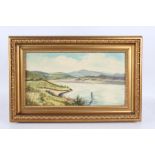 E. Pirie, British School, study of a river or lake with hills to the background, signed oil on