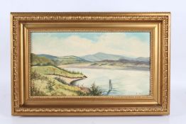 E. Pirie, British School, study of a river or lake with hills to the background, signed oil on