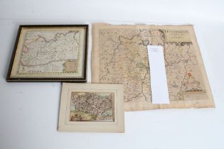 Three coloured maps, Christopher Saxton map of Huntingdon, 33cm wide, 27cm high, small map of