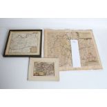 Three coloured maps, Christopher Saxton map of Huntingdon, 33cm wide, 27cm high, small map of