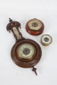 Late Victorian carved barometer, together with a brass barometer and another wooden example (3)