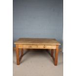 20th century pine framed kitchen table, the rectangular top above a frieze fitted two drawers,